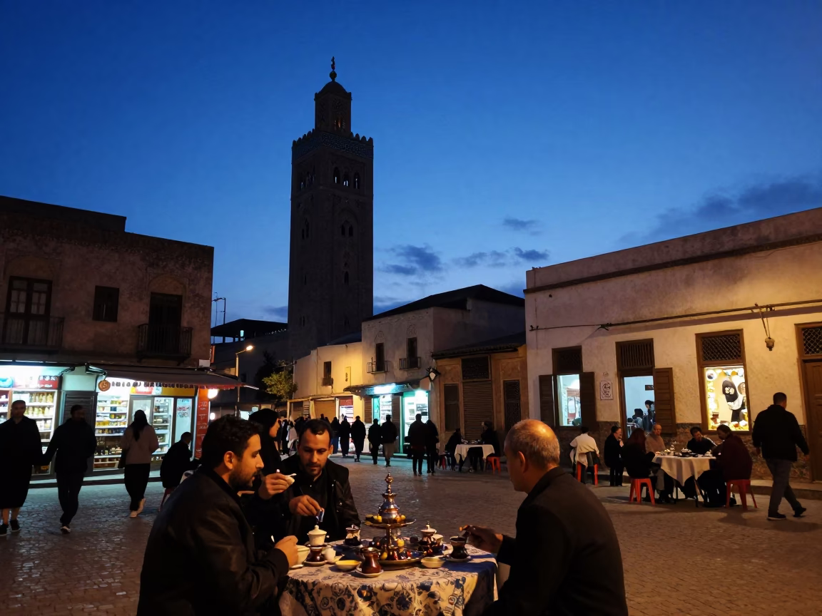 Evening Street Scene in Tunis Tunisia with Traditional Tea Service and Local Architecture in in Tunis, Tunisia