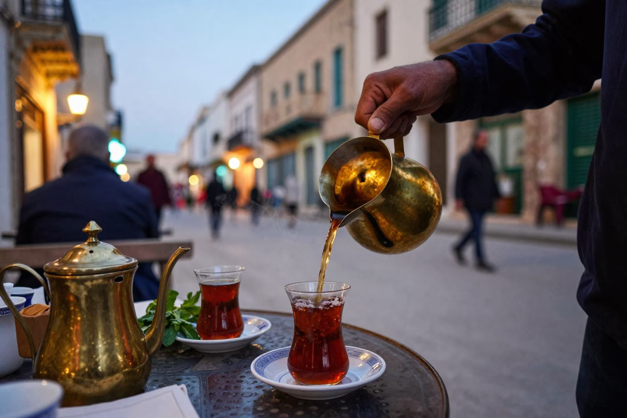 Evening Street Scene in Tunis Tunisia with Traditional Tea Service and Urban Lights in in Tunis, Tunisia