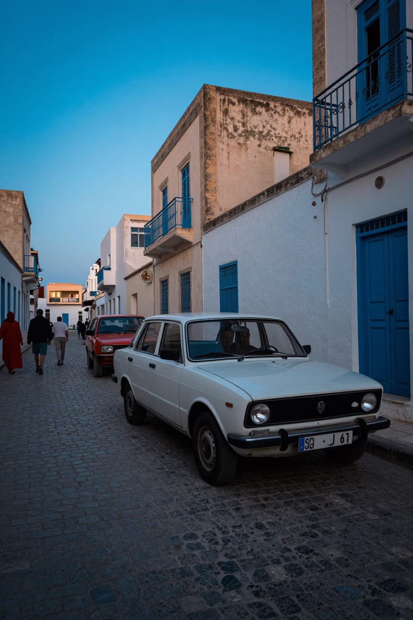 Evening Street Scene in Tunis Tunisia with Vintage Car and Local Pedestrians in in Tunis, Tunisia