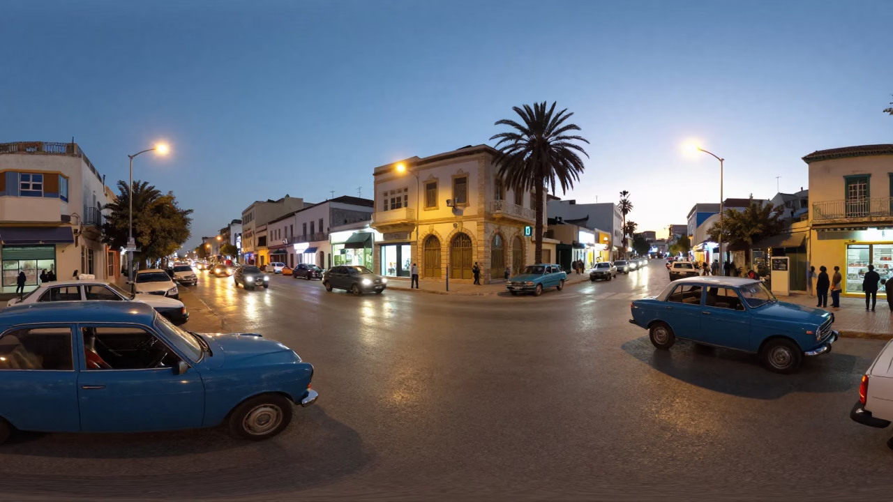 Evening Street Scene in Tunis Tunisia with Vintage Cars and City Lights Glowing in in Tunis, Tunisia