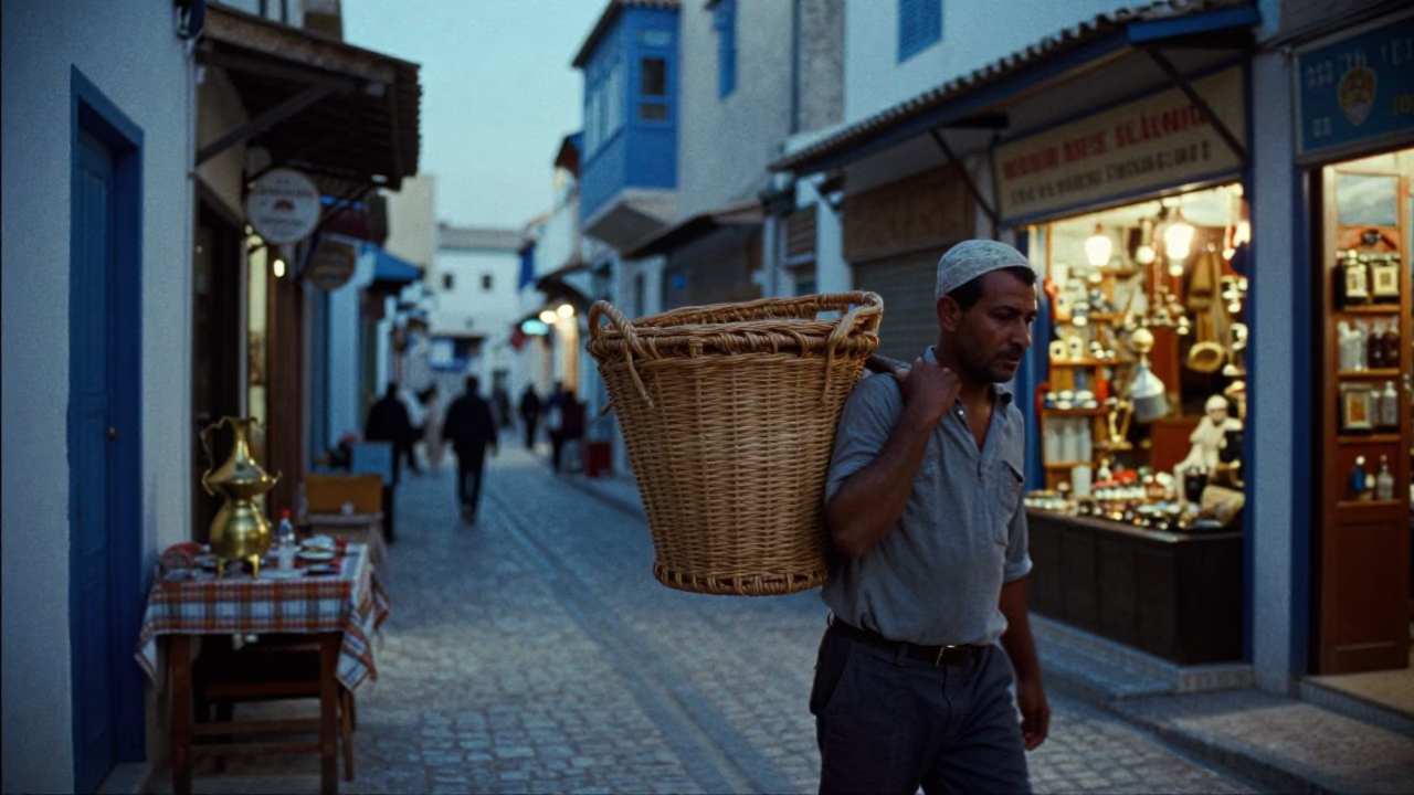 Evening Street Scene in Tunis Tunisia with Wicker Hamper and Brass Mirror in in Tunis, Tunisia