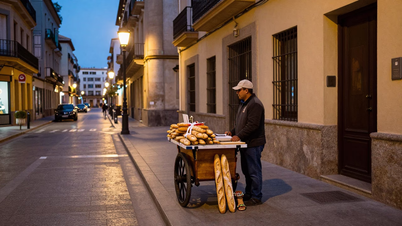 Evening Street Scene in Valencia Spain with Baguettes and Beaded Sandals in in Valencia, Spain