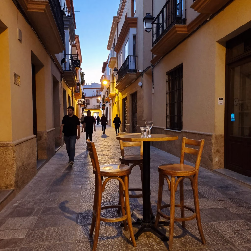 Evening street scene in Valencia Spain with bar stools and glass of horchata in in Valencia, Spain