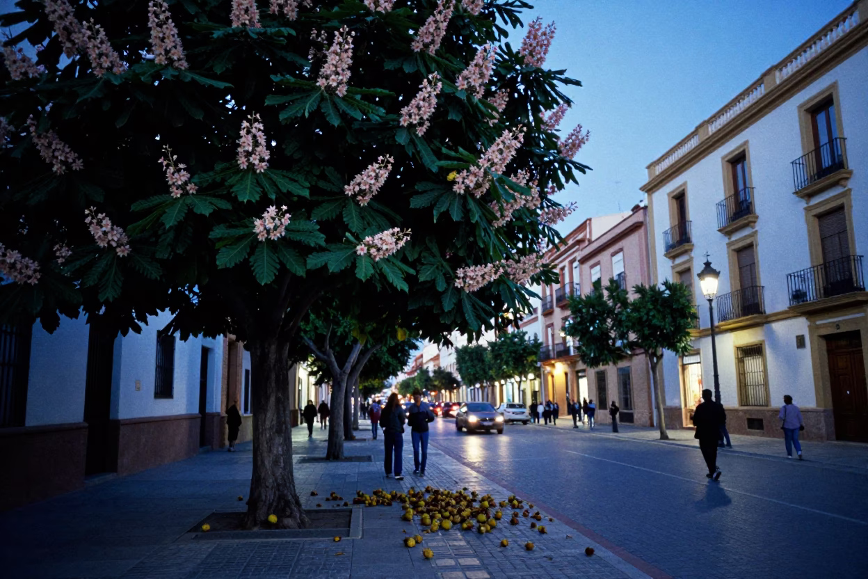 Evening Street Scene in Valencia Spain with Chestnut Tree and Blue Hour Light in in Valencia, Spain