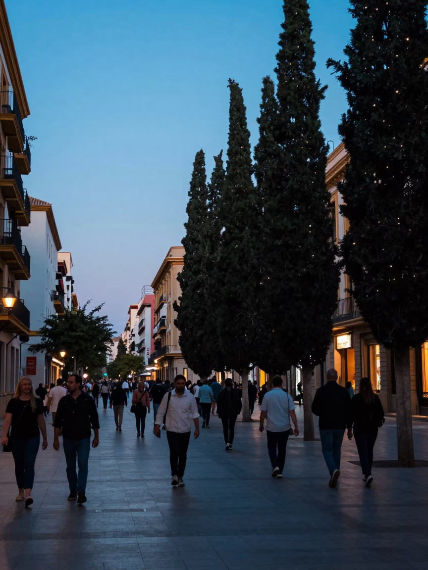 Evening Street Scene in Valencia Spain with Cypress Trees and Urban Details in in Valencia, Spain