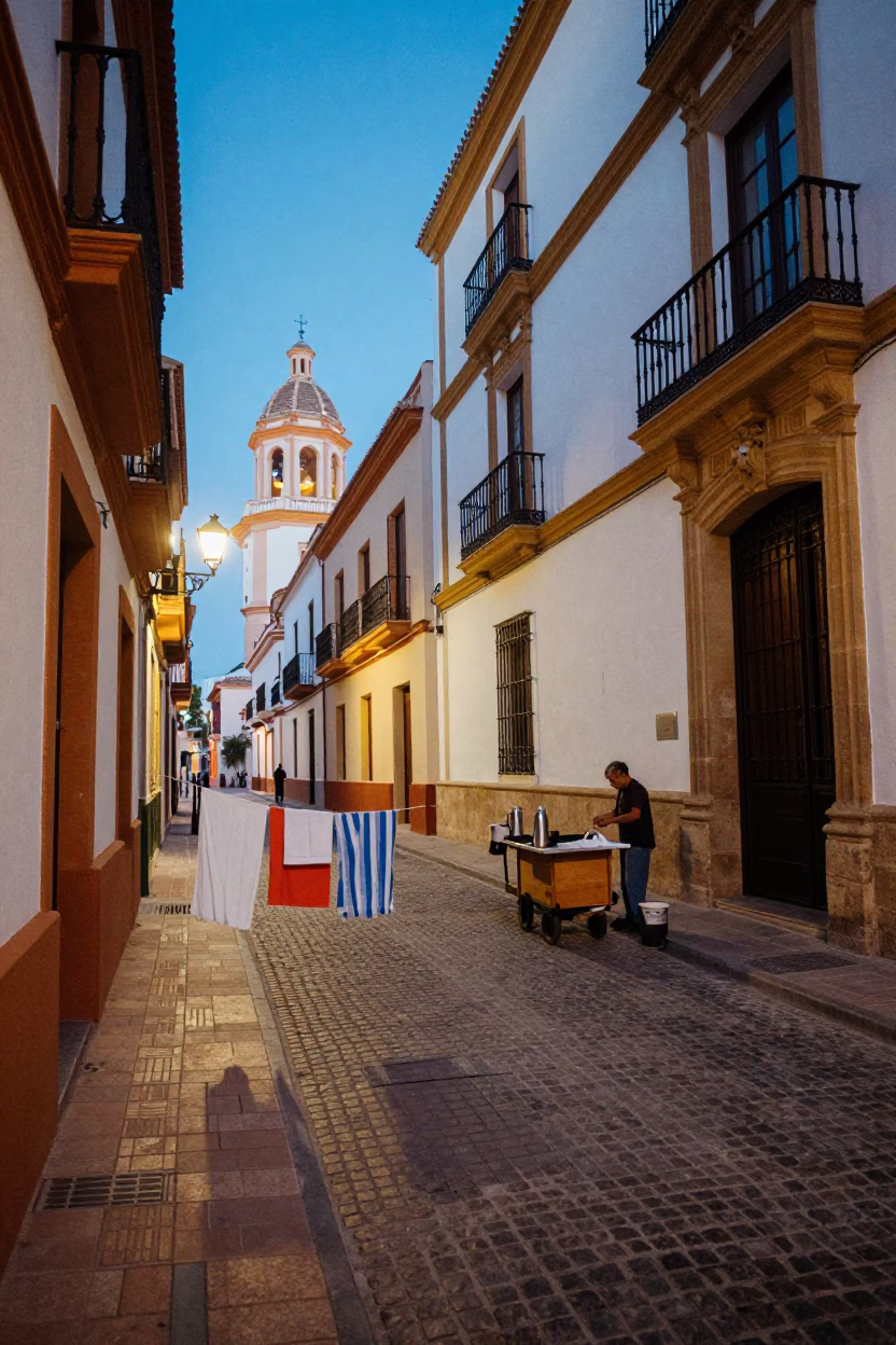 Evening Street Scene in Valencia Spain with Drying Towels and Thermos in in Valencia, Spain