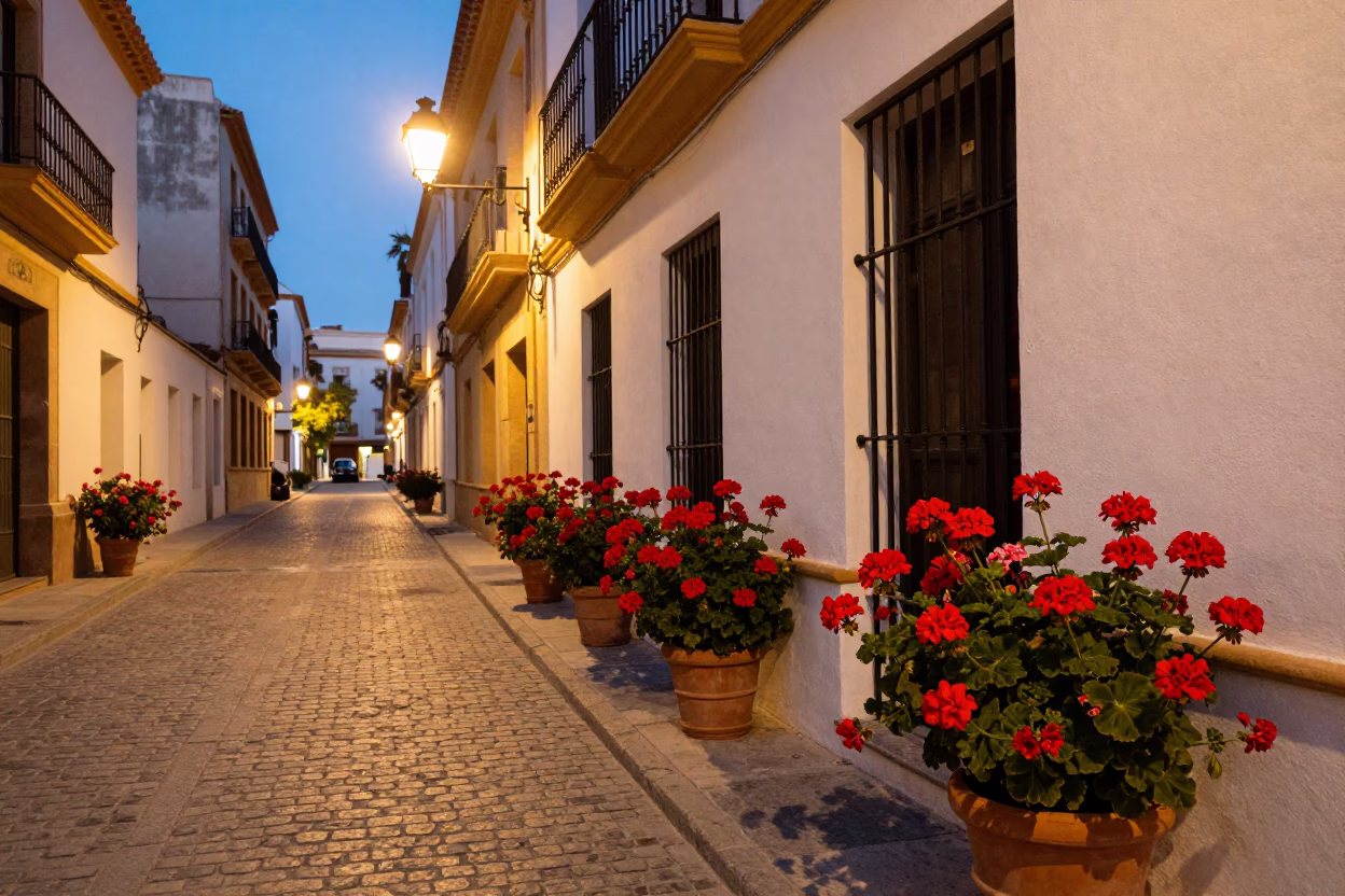 Evening Street Scene in Valencia Spain with Geraniums and City Lights in in Valencia, Spain