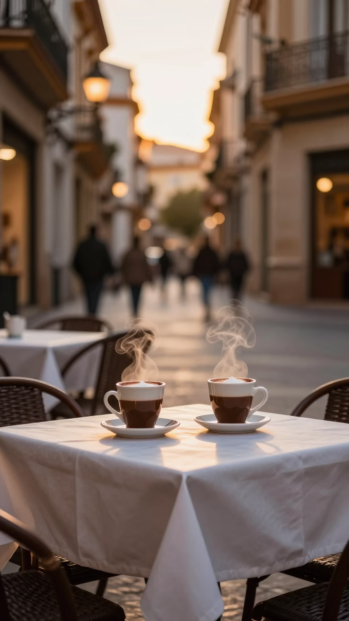 Evening Street Scene in Valencia Spain with Hot Chocolate and Tablecloth in in Valencia, Spain