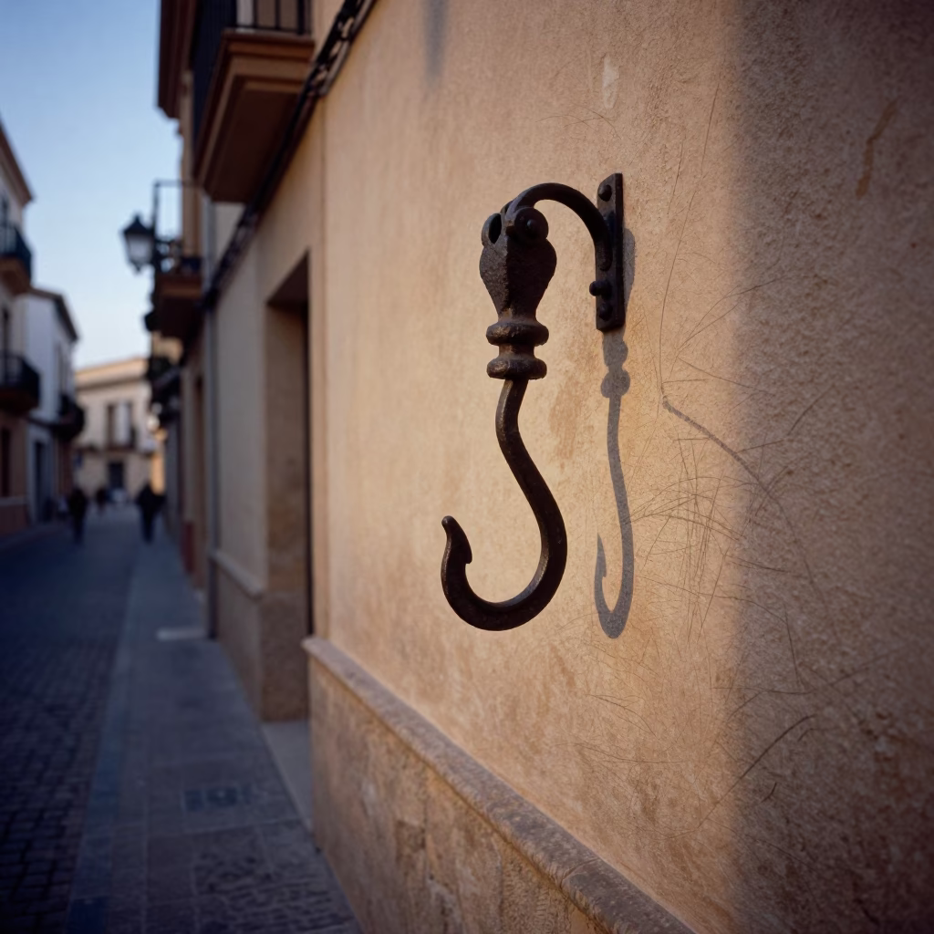 Evening street scene in Valencia Spain with iron hook and wall scratches in in Valencia, Spain