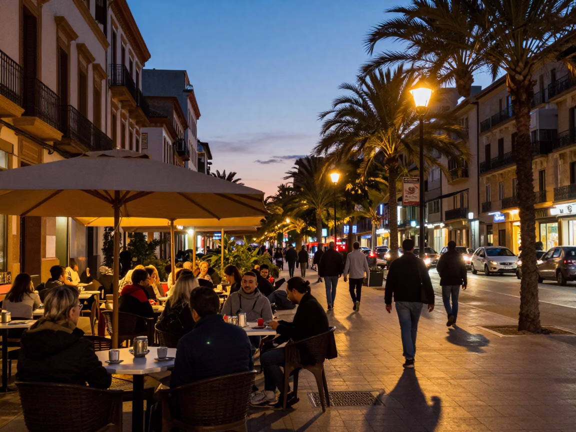 Evening Street Scene in Valencia Spain with Local Cafe Culture and City Lights in in Valencia, Spain