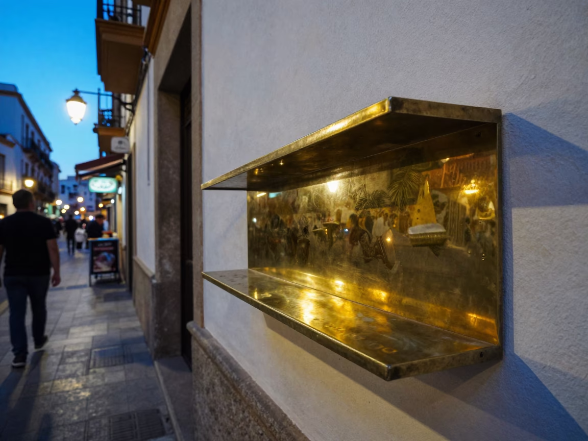 Evening street scene in Valencia Spain with local dining and brass fixtures under twilight in in Valencia, Spain