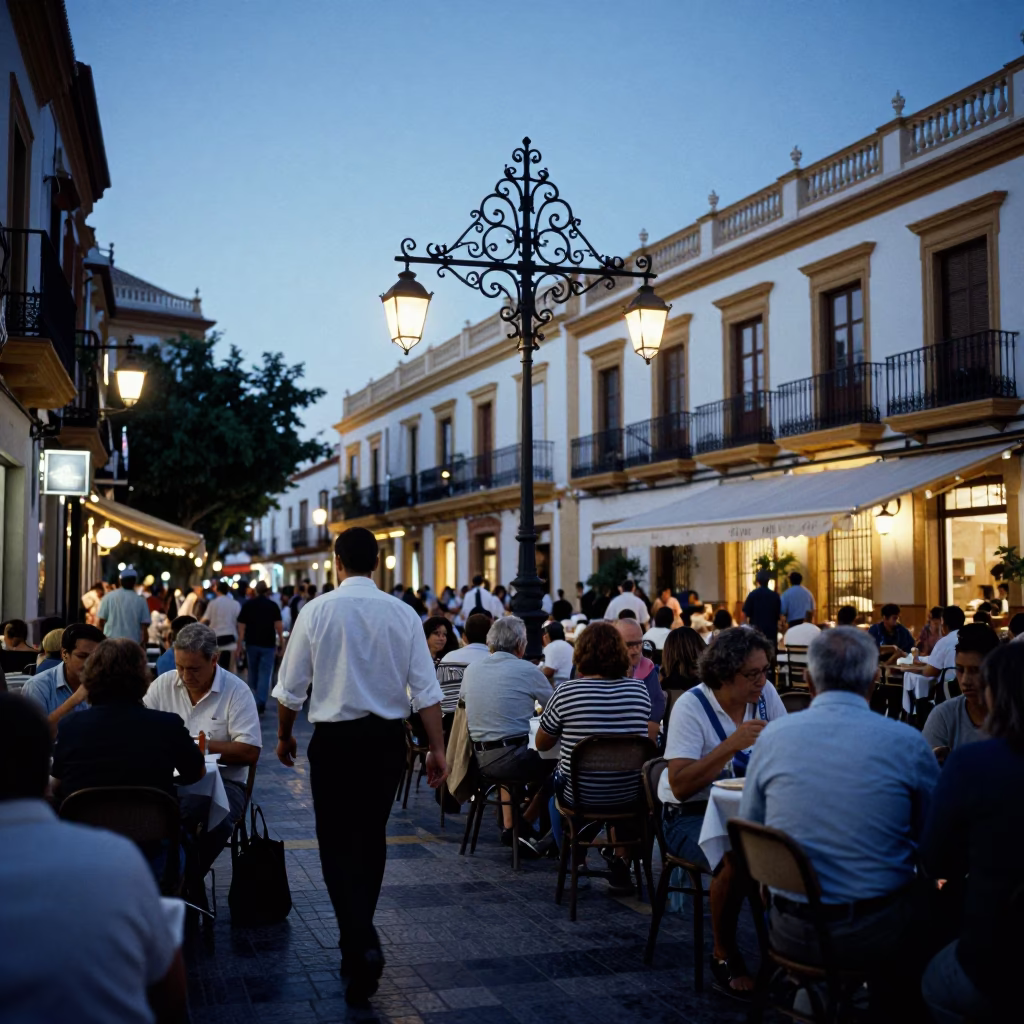 Evening street scene in Valencia Spain with local dining and traditional architecture in in Valencia, Spain