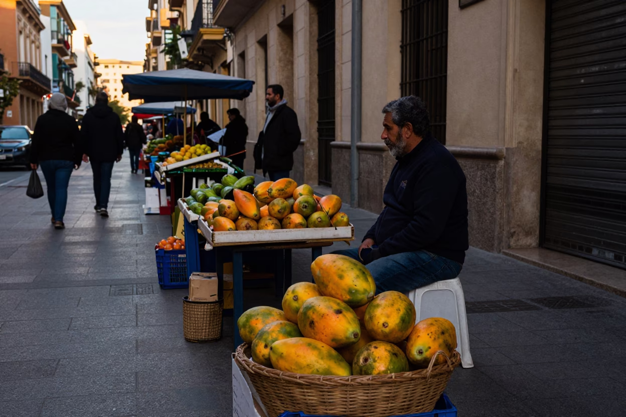 Evening Street Scene in Valencia Spain with Local Market Goods and Brass Details in in Valencia, Spain