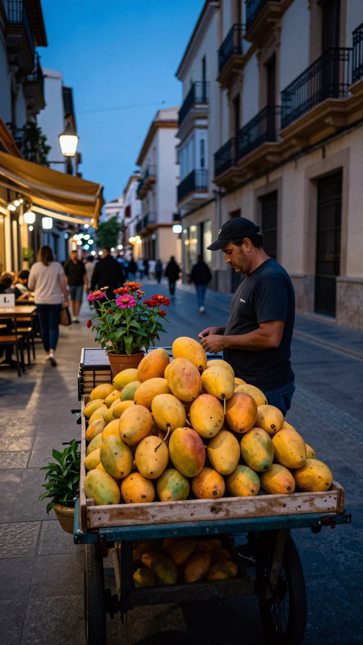 Evening Street Scene in Valencia Spain with Mangoes and Zinnias at Dusk in in Valencia, Spain