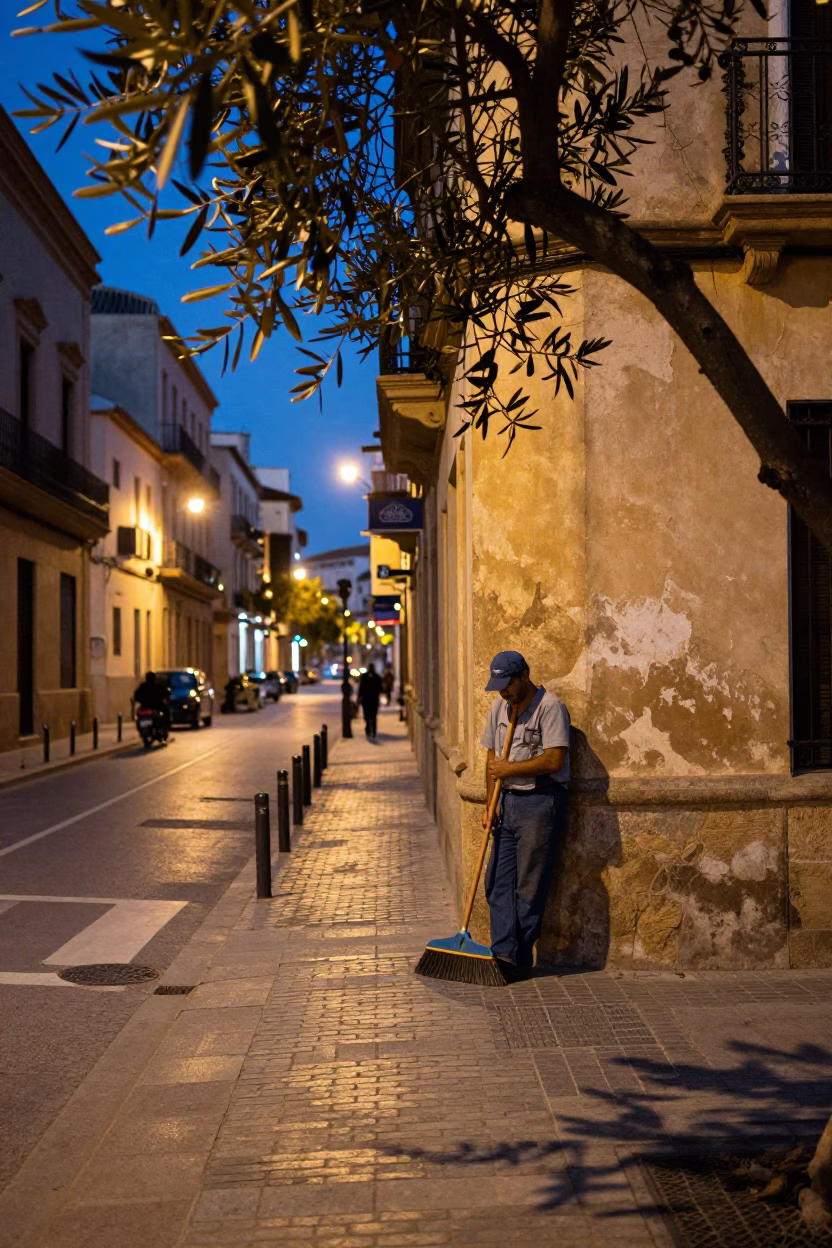 Evening street scene in Valencia Spain with olive branch and broom near traditional architecture in in Valencia, Spain