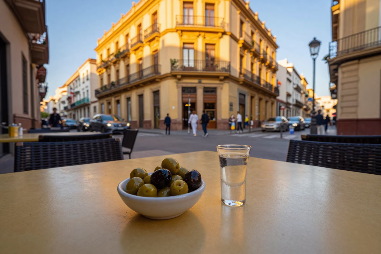 Evening Street Scene in Valencia Spain with Olive Dish and Drinking Vessel in in Valencia, Spain