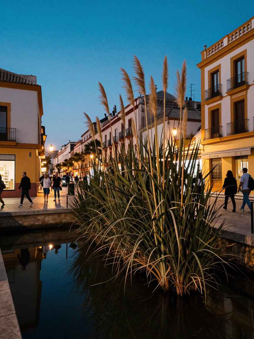 Evening street scene in Valencia Spain with papyrus plants and locals chatting in in Valencia, Spain
