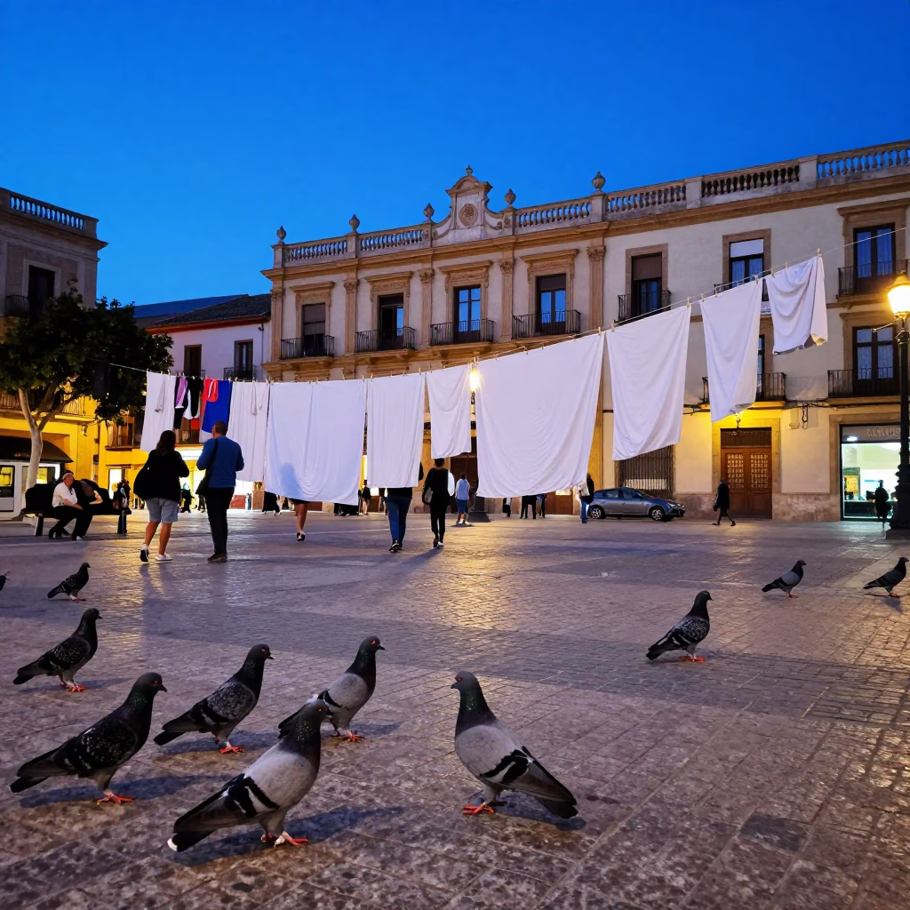 Evening street scene in Valencia Spain with pigeons and laundry in in Valencia, Spain