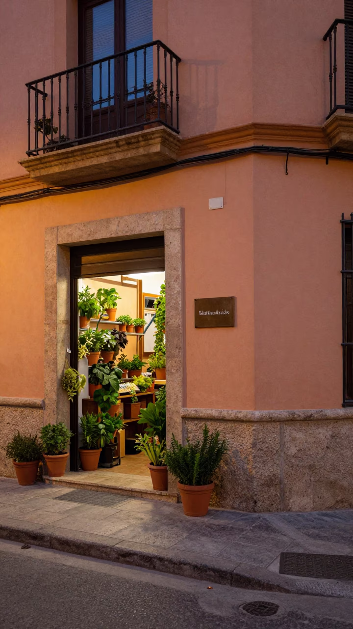 Evening Street Scene in Valencia Spain with Potted Herbs and Local Life in in Valencia, Spain
