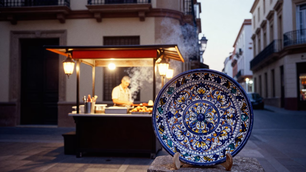 Evening Street Scene in Valencia Spain with Vintage Majolica Plate and Grilled Kebab in in Valencia, Spain