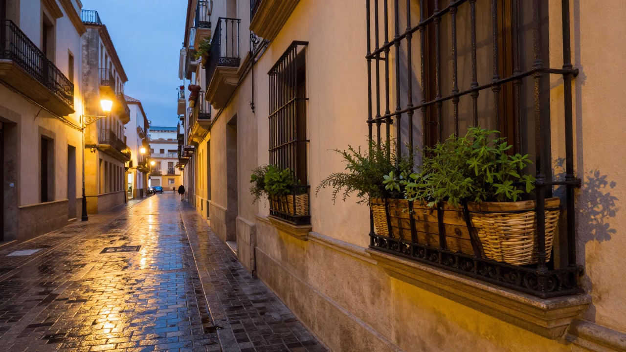 Evening Street Scene in Valencia Spain with Window Box and Basket in in Valencia, Spain