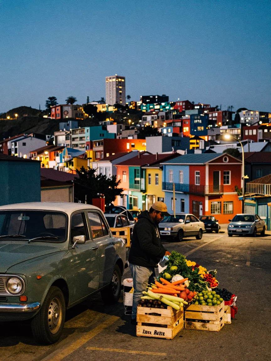 Evening Street Scene in Valparaiso Chile with Coastal Lighting and Urban Details in in Valparaiso, Chile