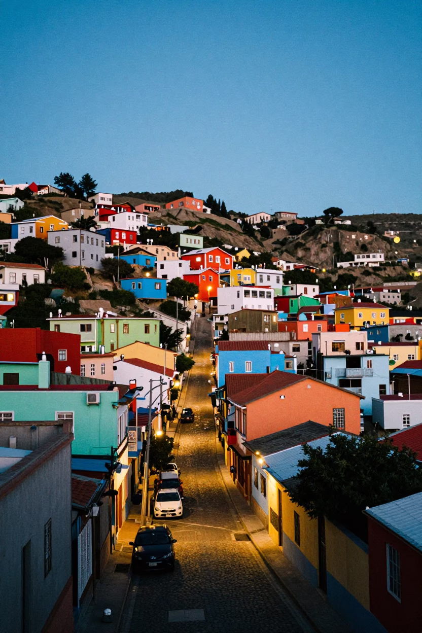 Evening Street Scene in Valparaiso Chile with Colorful Hills and Local Vendor in in Valparaiso, Chile
