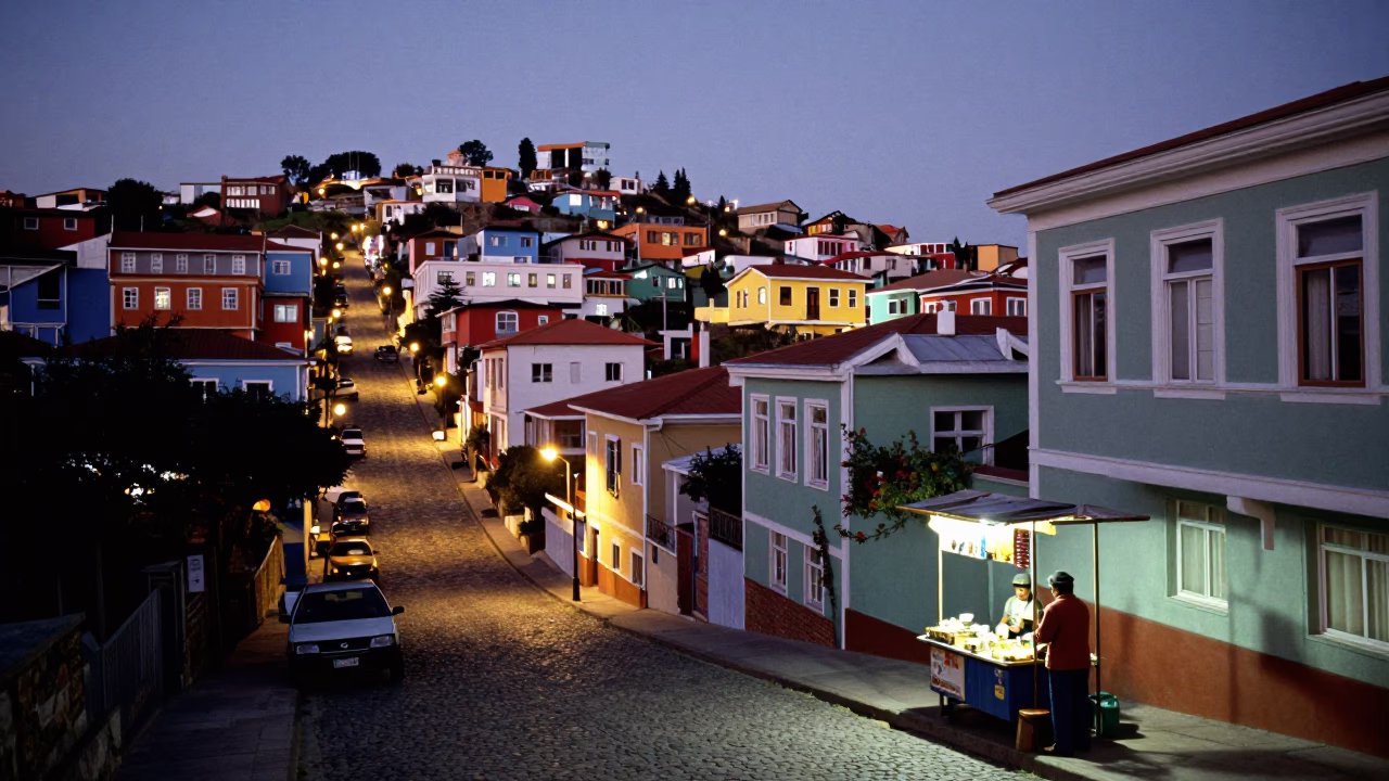 Evening street scene in Valparaiso Chile with colorful hillside houses and local life in in Valparaiso, Chile
