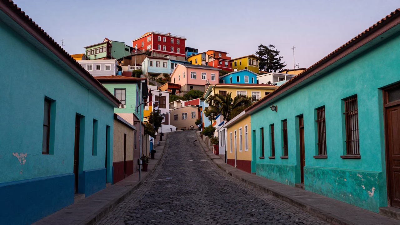 Evening Street Scene in Valparaiso Chile with Colorful Hillside Houses in in Valparaiso, Chile