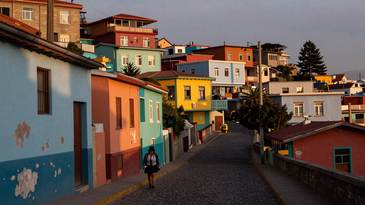Evening Street Scene in Valparaiso Chile with Colorful Houses and Local Activity in in Valparaiso, Chile