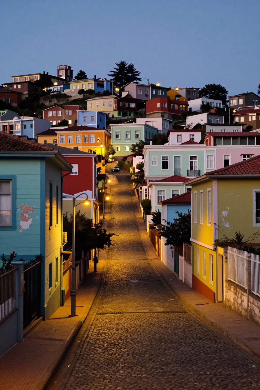 Evening street scene in Valparaiso Chile with colorful houses and streetlights in in Valparaiso, Chile