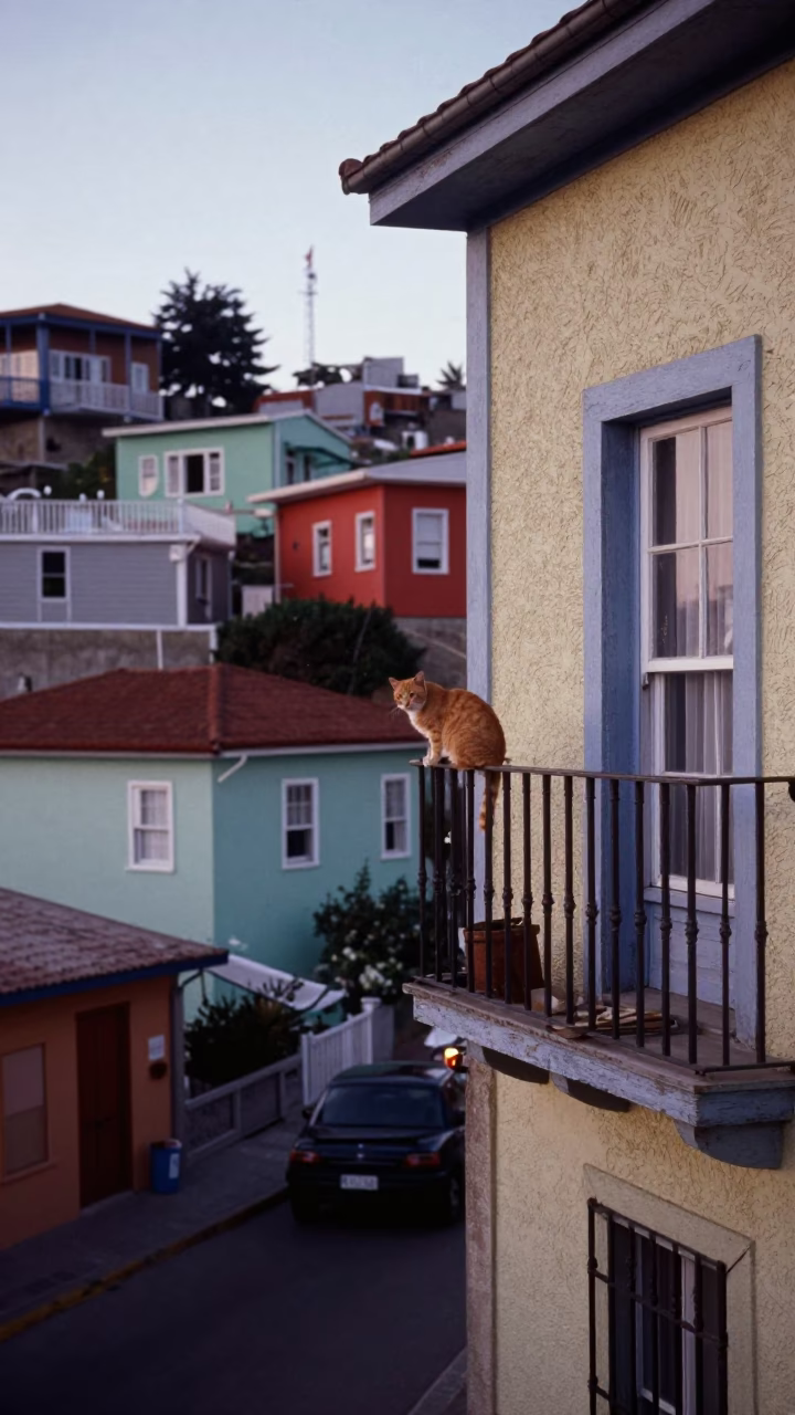 Evening Street Scene in Valparaiso Chile with Ginger Cat and Window in in Valparaiso, Chile