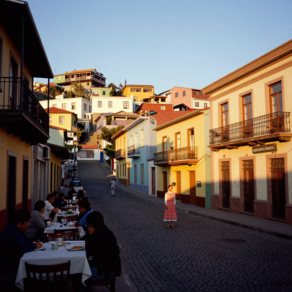 Evening Street Scene in Valparaiso Chile with Local Dining and Historic Architecture in in Valparaiso, Chile