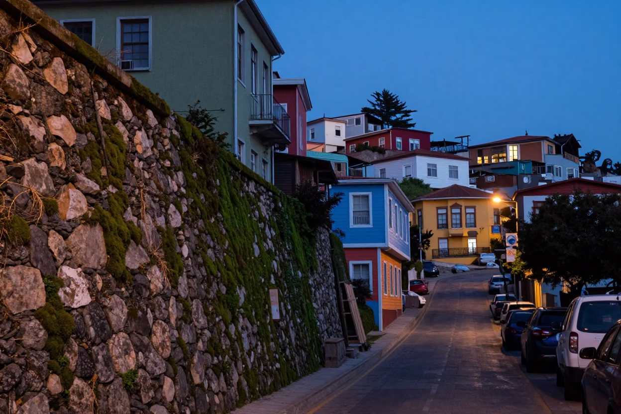 Evening street scene in Valparaiso Chile with mossy stone walls and lantern light in in Valparaiso, Chile