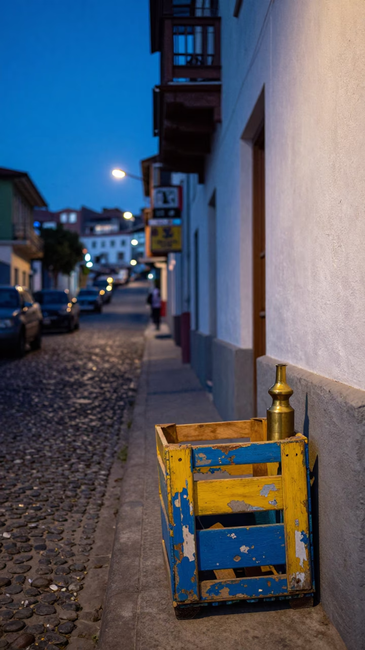 Evening Street Scene in Valparaiso Chile with Painted Crate and Brass Tray in in Valparaiso, Chile