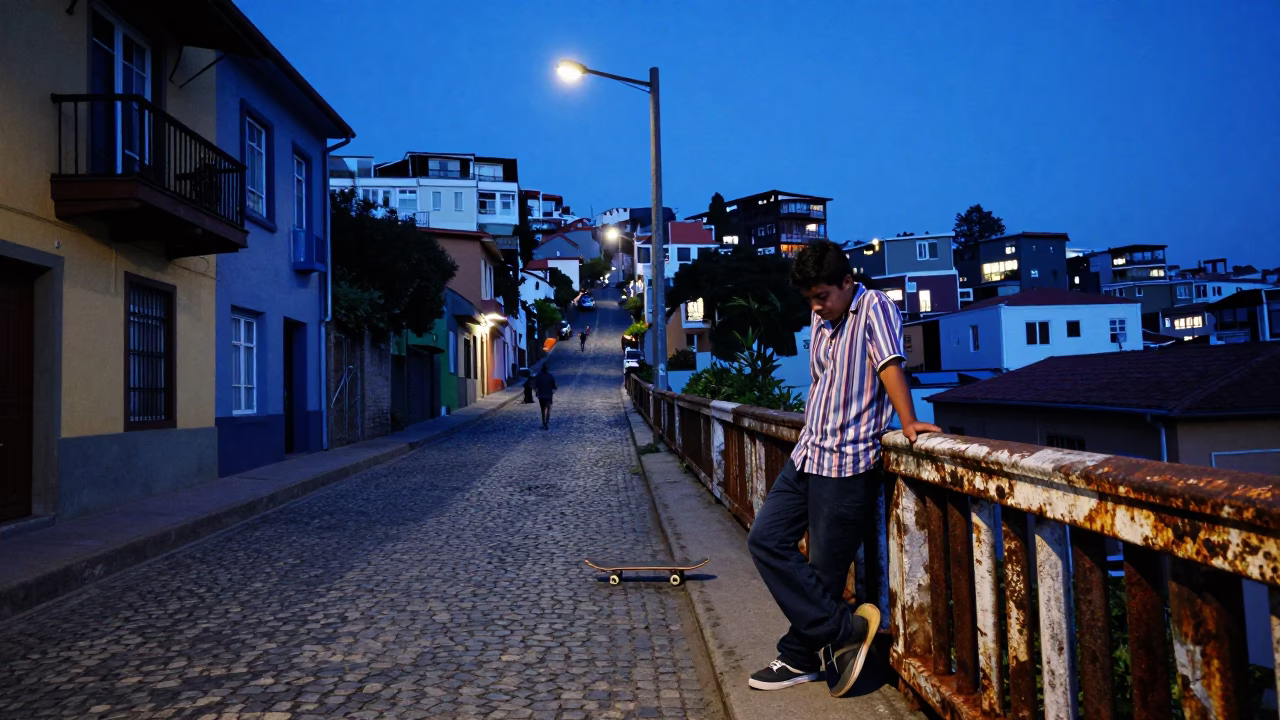 Evening Street Scene in Valparaiso Chile with Skateboard and Rusty Rail in in Valparaiso, Chile