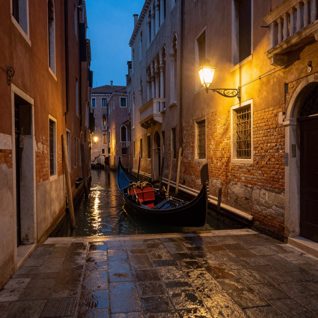 Evening Street Scene in Venice Italy with Gondola and City Lights in in Venice, Italy