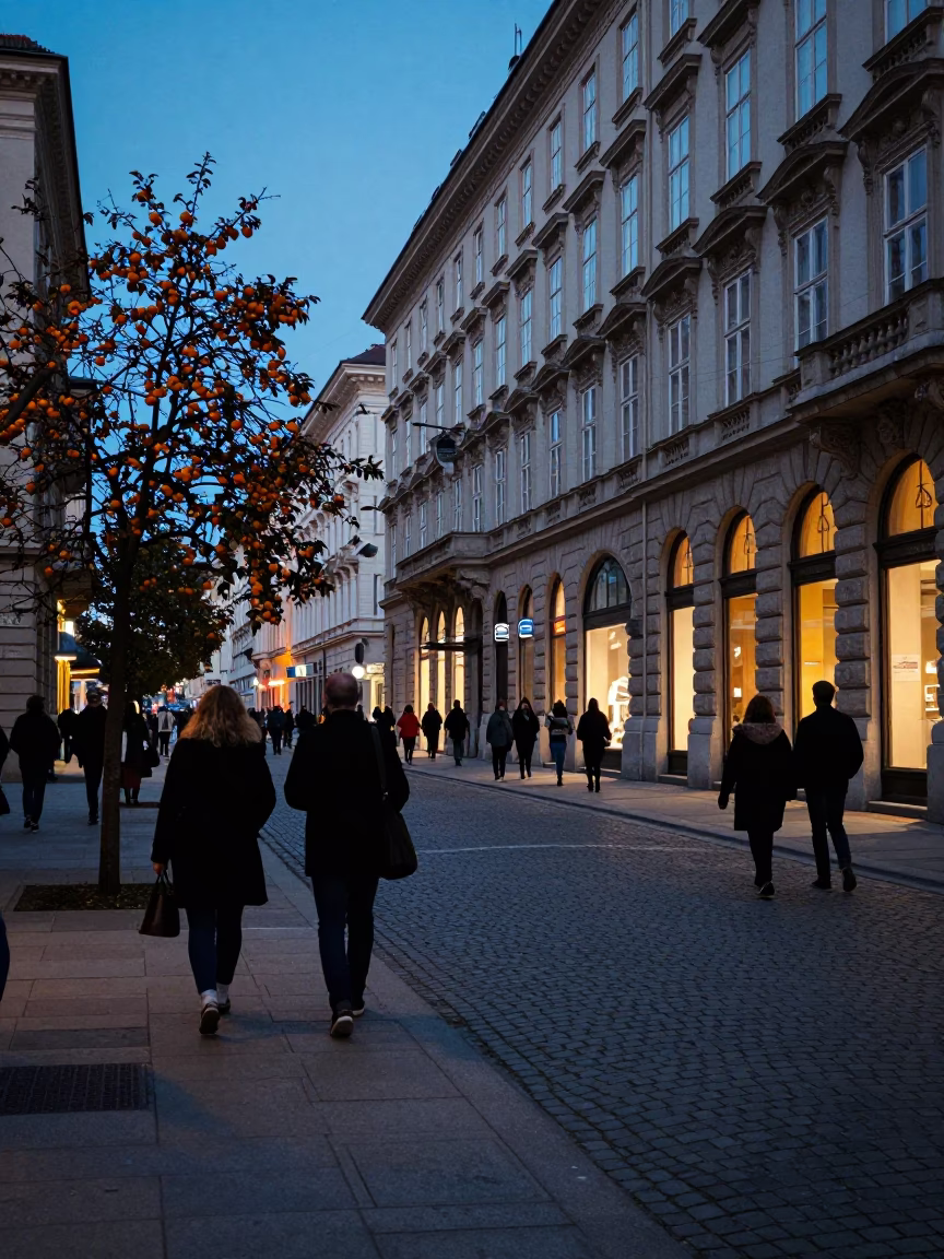 Evening Street Scene in Vienna Austria with Apricots and Cobblestones in in Vienna, Austria