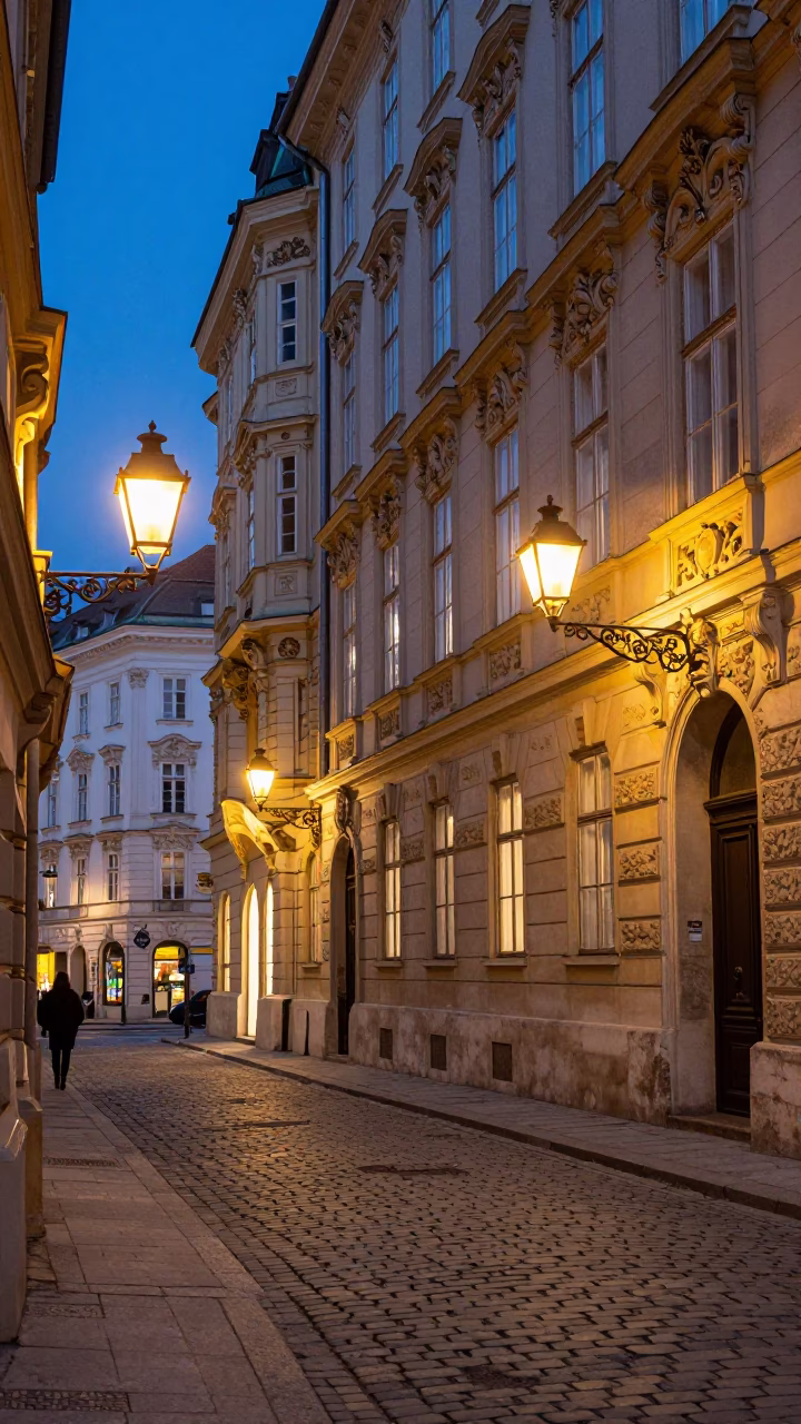 Evening Street Scene in Vienna Austria with Cobblestones and Historic Architecture in in Vienna, Austria