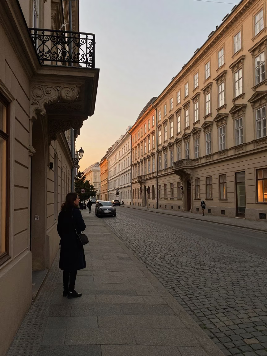 Evening Street Scene in Vienna Austria with Diamond Stud Earring Detail in in Vienna, Austria
