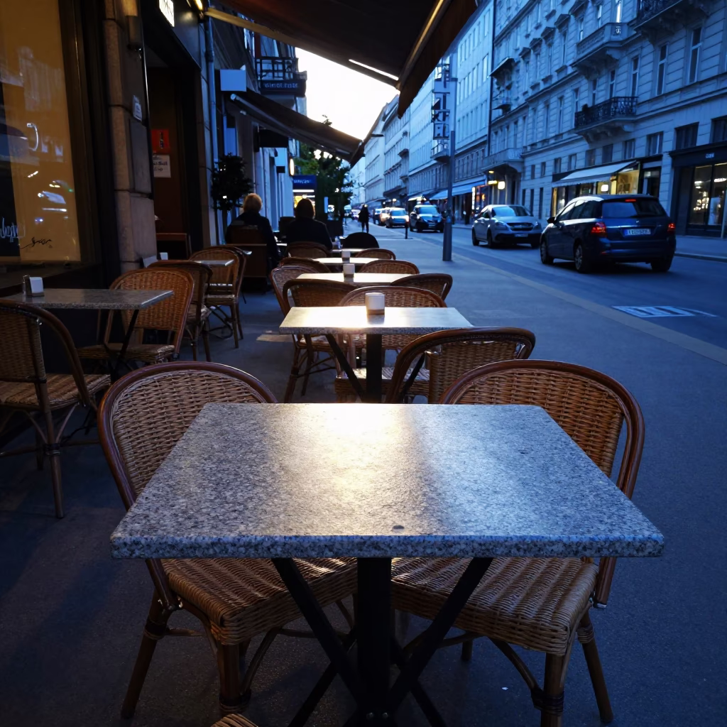 Evening street scene in Vienna Austria with folding tables and wicker shadow in in Vienna, Austria