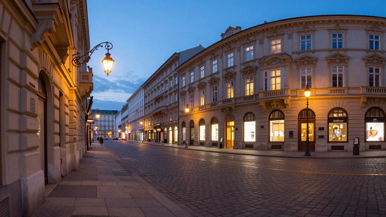 Evening Street Scene in Vienna Austria with Lantern and Coffee Cup in in Vienna, Austria