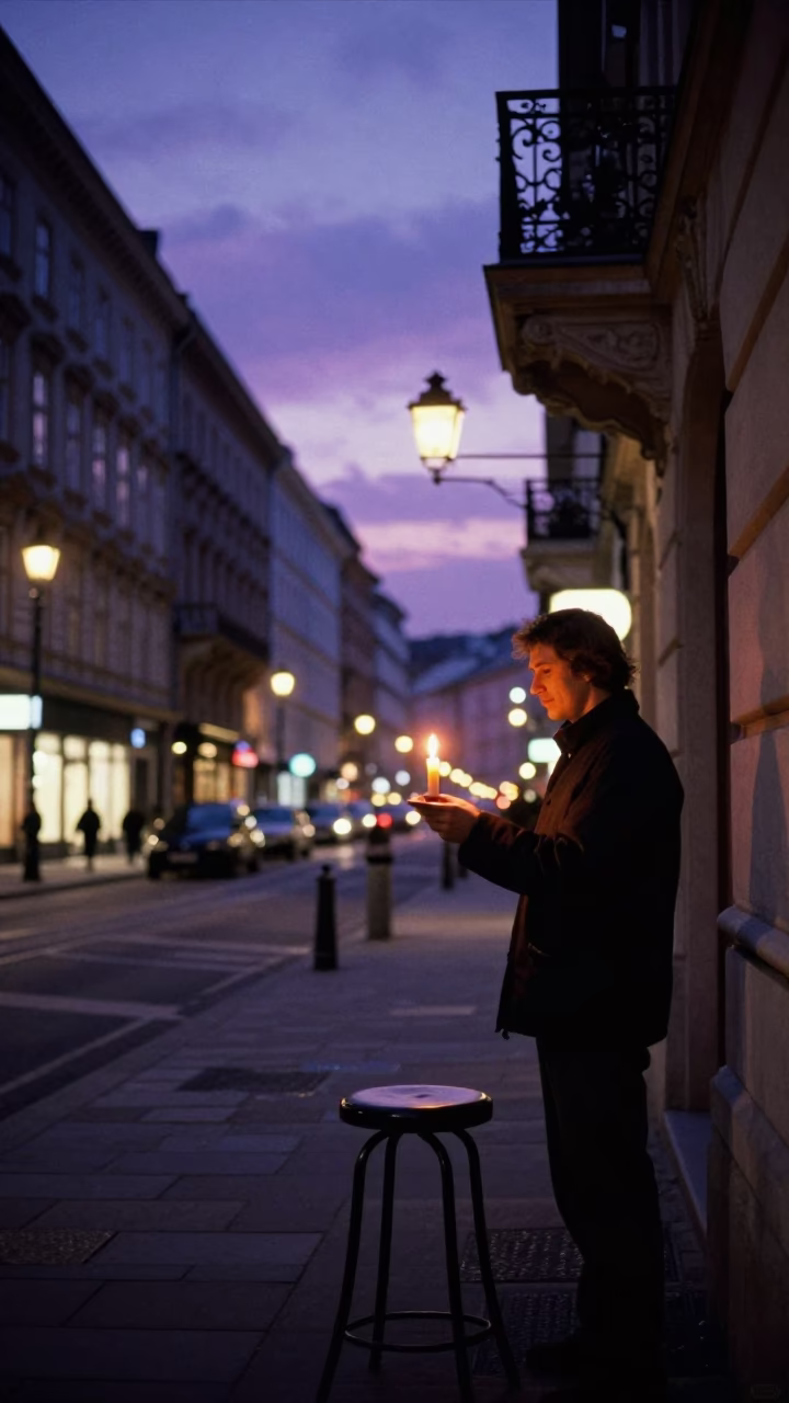 Evening Street Scene in Vienna Austria with Taper Candle and Stool in in Vienna, Austria
