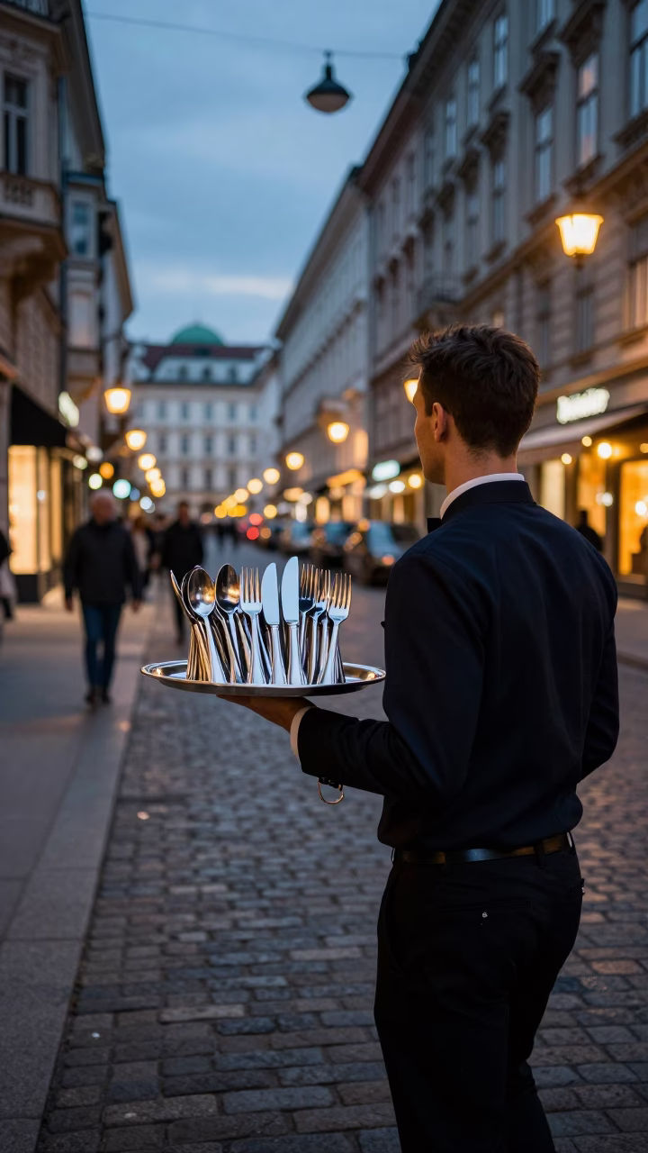 Evening Street Scene in Vienna Austria with Traditional Cutlery and Classic Architecture in in Vienna, Austria