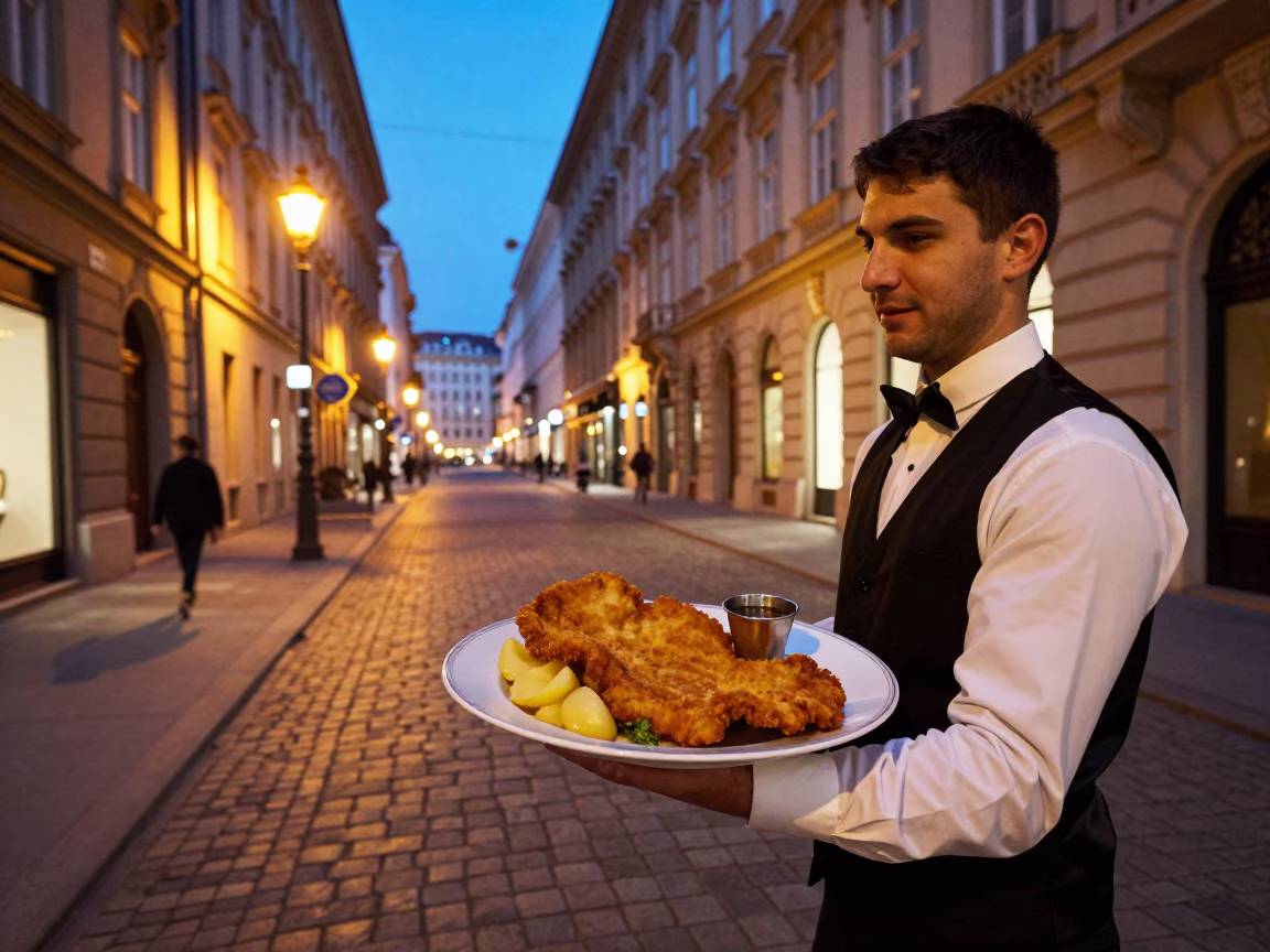 Evening Street Scene in Vienna Austria with Traditional Wiener Schnitzel Plate in in Vienna, Austria