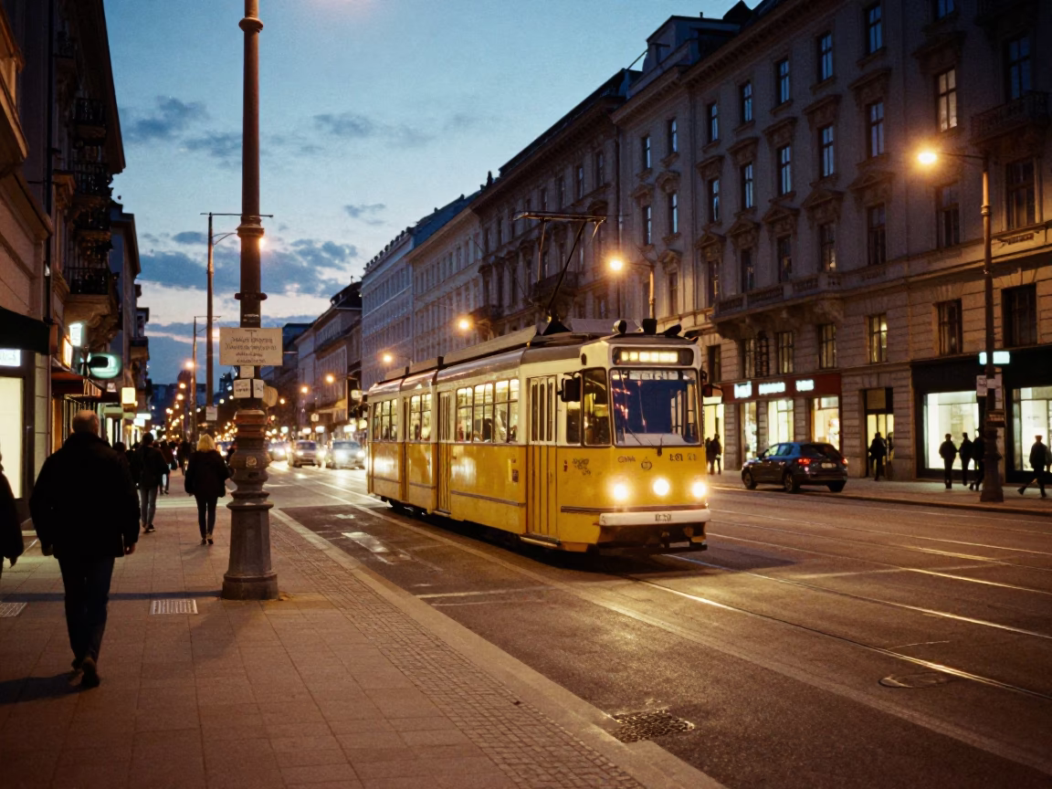 Evening Street Scene in Vienna Austria with Tram and City Lights in in Vienna, Austria