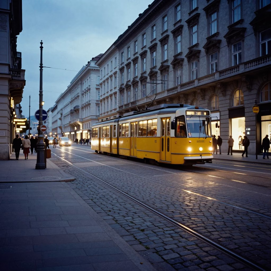 Evening street scene in Vienna Austria with tram lines and twilight ambiance in in Vienna, Austria