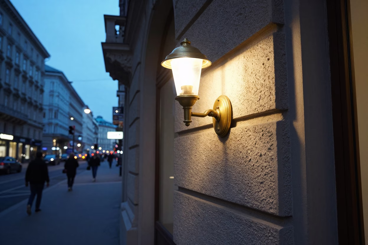 Evening Street Scene in Vienna Austria with Wall Sconce and Coffee Steam in in Vienna, Austria