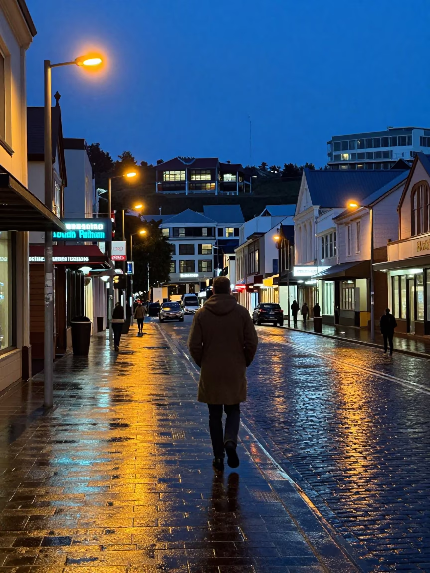Evening Street Scene in Wellington New Zealand Under Mixed City Lights in in Wellington, New Zealand