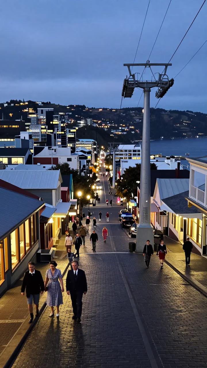 Evening Street Scene in Wellington New Zealand with Aerial Tramway Gondola Above City Lights in in Wellington, New Zealand